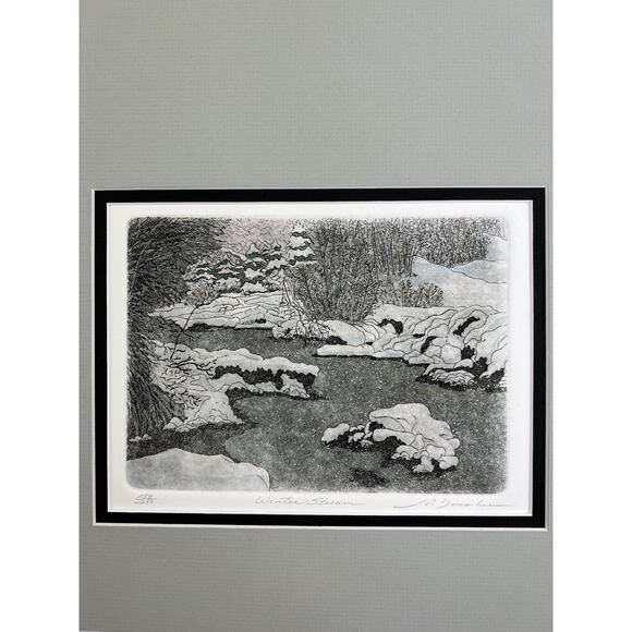 Vintage Leo P Donahue Art Etching New England Winter Stream Signed #158/250 Mat - Picture 2 of 10